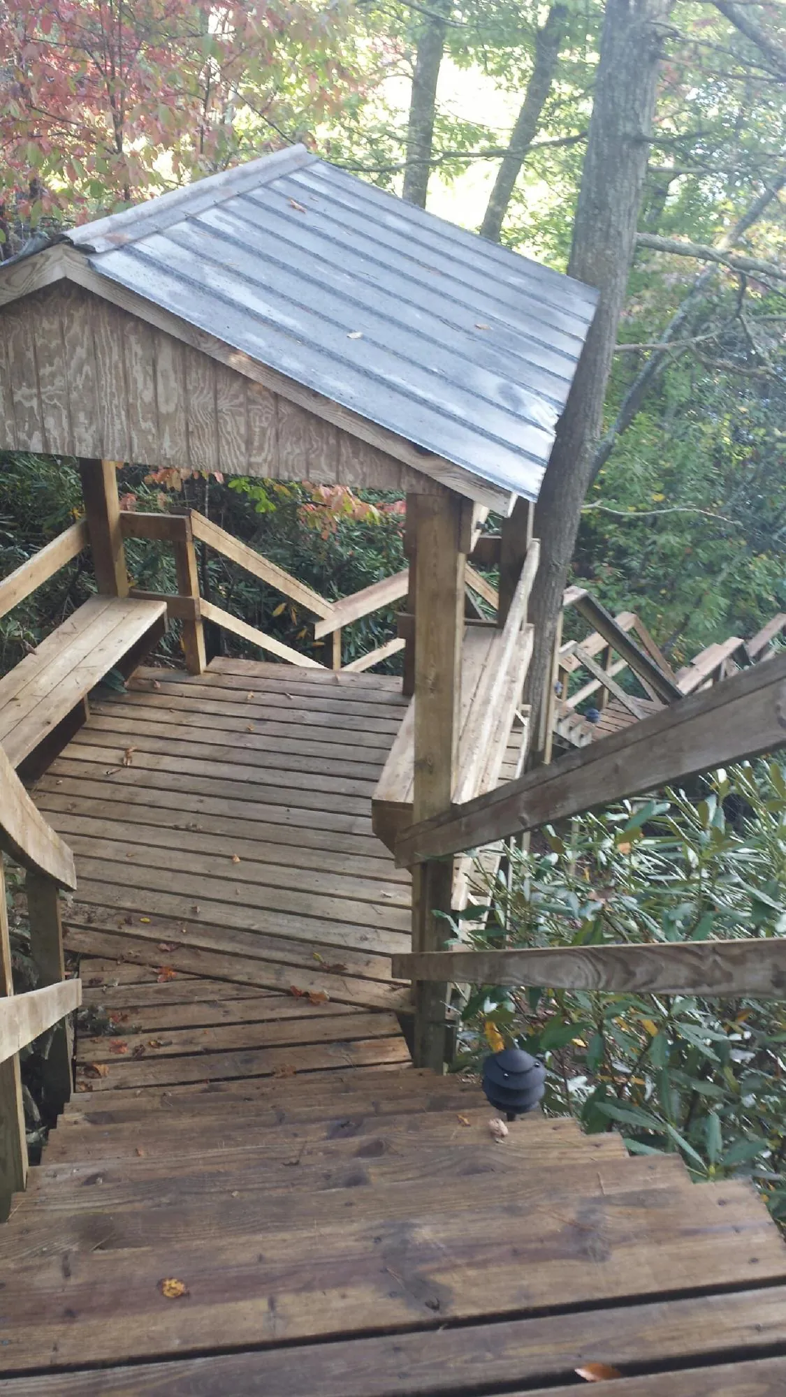 Metal roofed shelter over wooden steps on a wooded walkway — Skylight Repair & Installation work by our crew in Turners Station